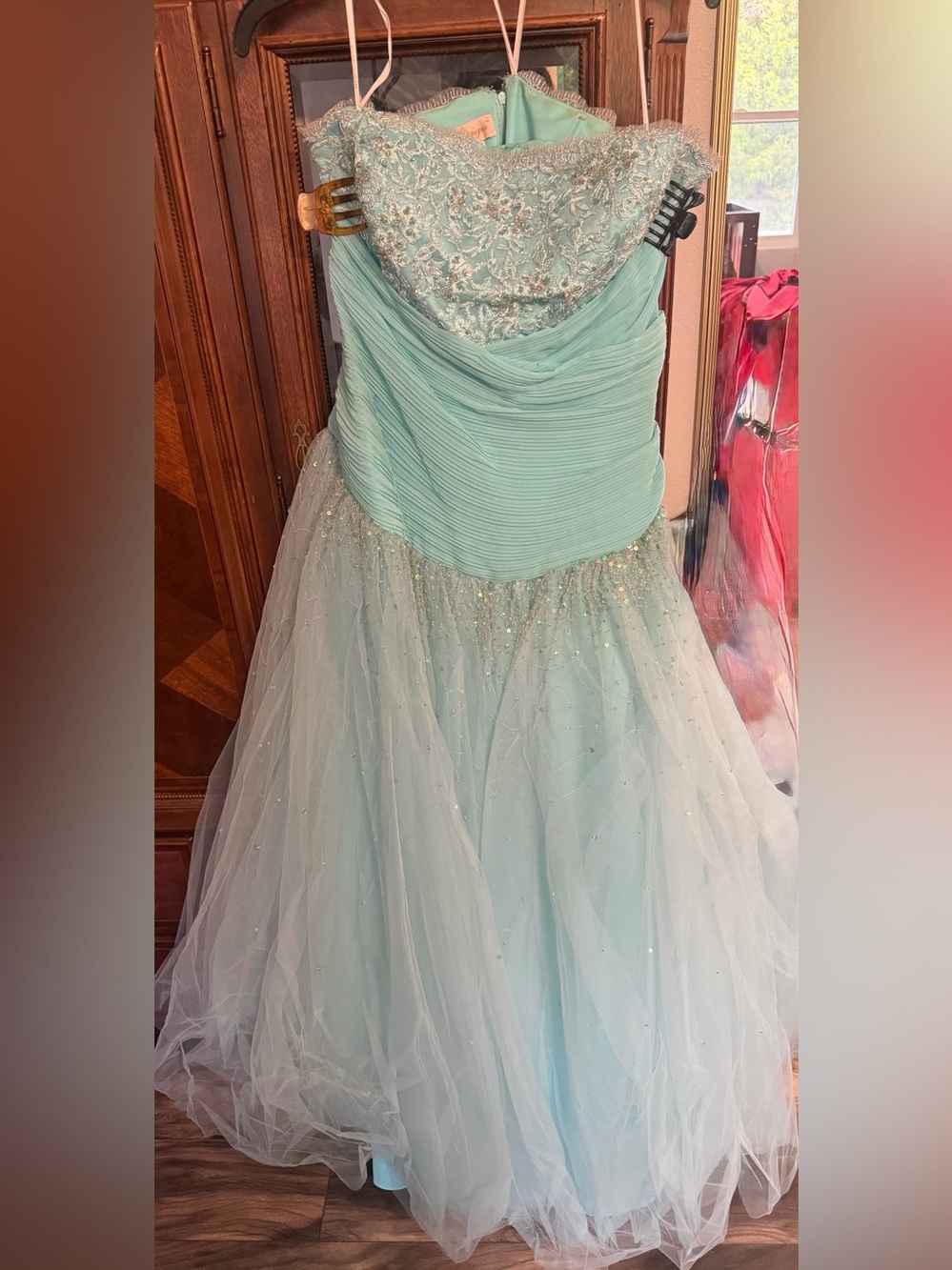 Light Aqua Tulle Ball Gown Prom Dress with Sparkle Bodice